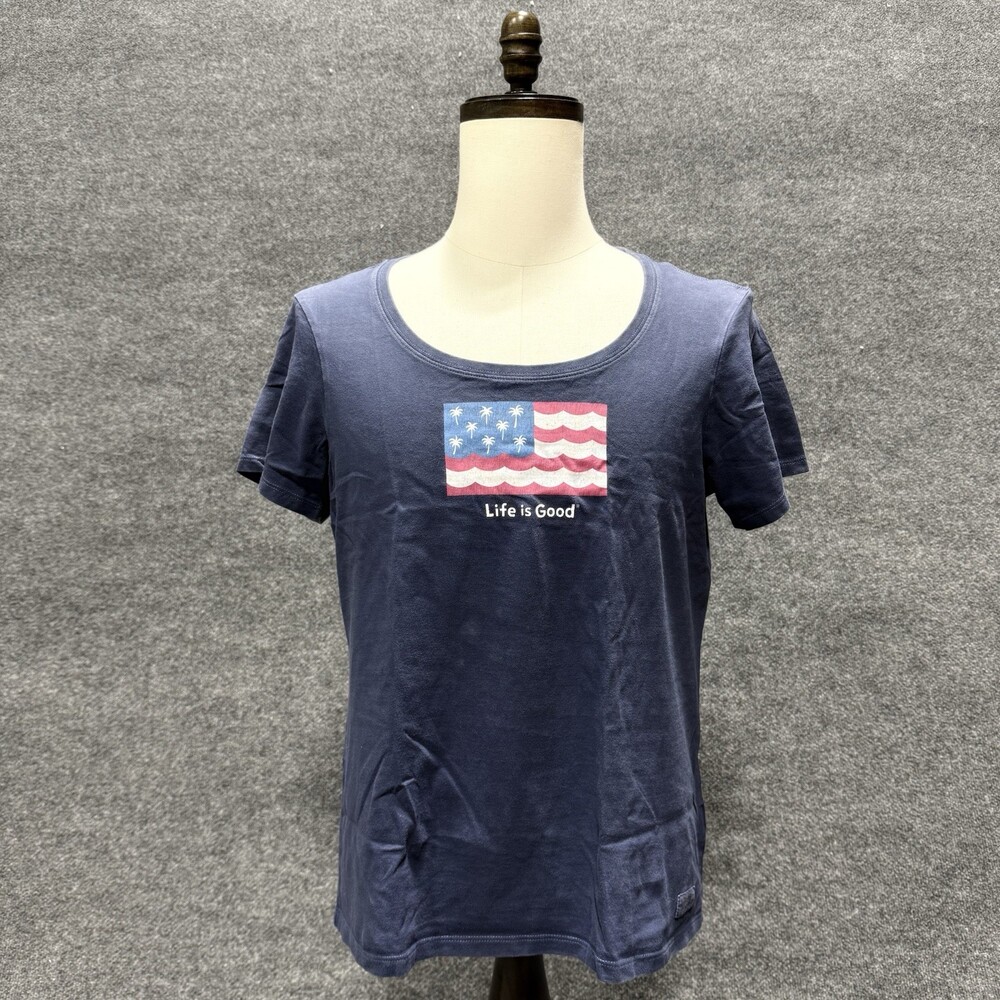 Life Is Good Womens Large Crusher Tee Palm Tree Flag Navy Blue Shirt